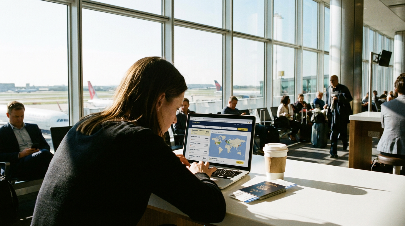 Traveller searching for flight deals on laptop at airport