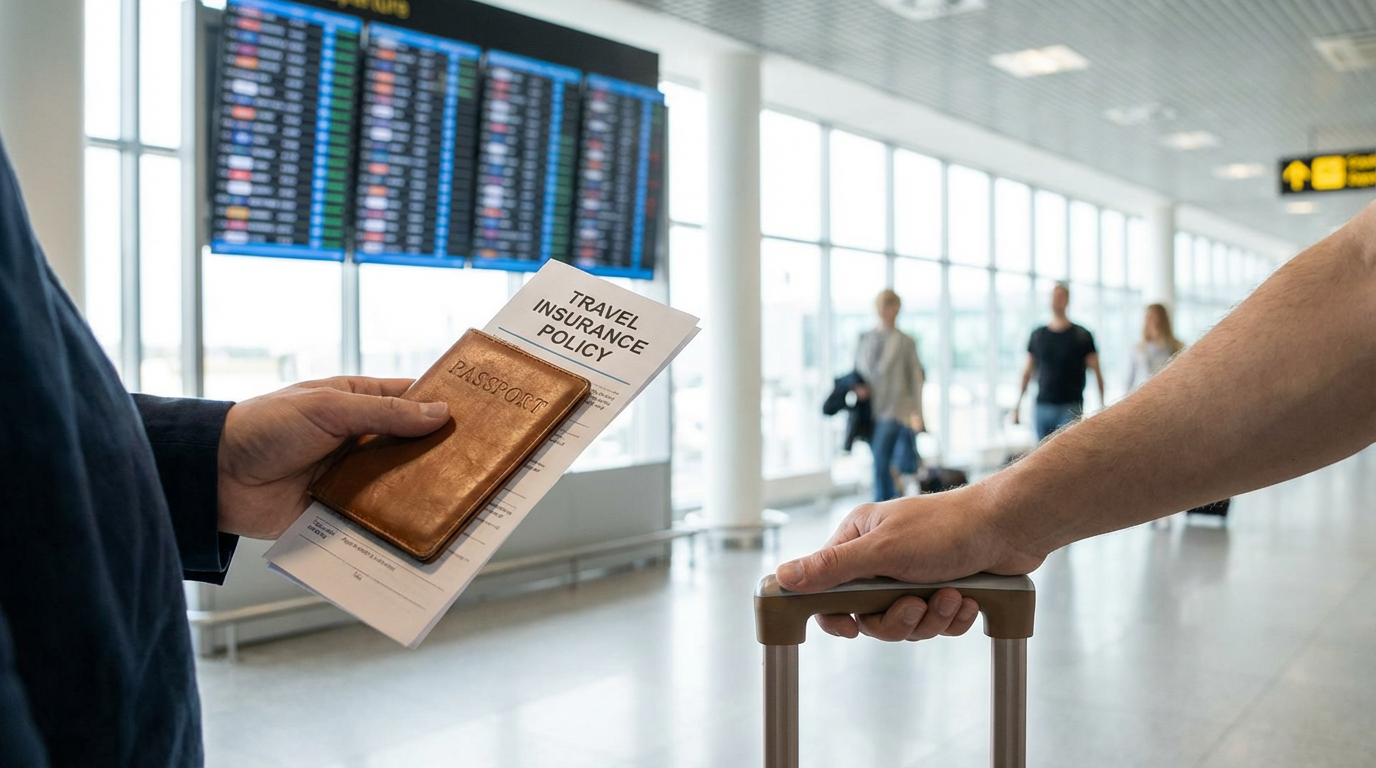 Traveller with passport and travel documents at airport