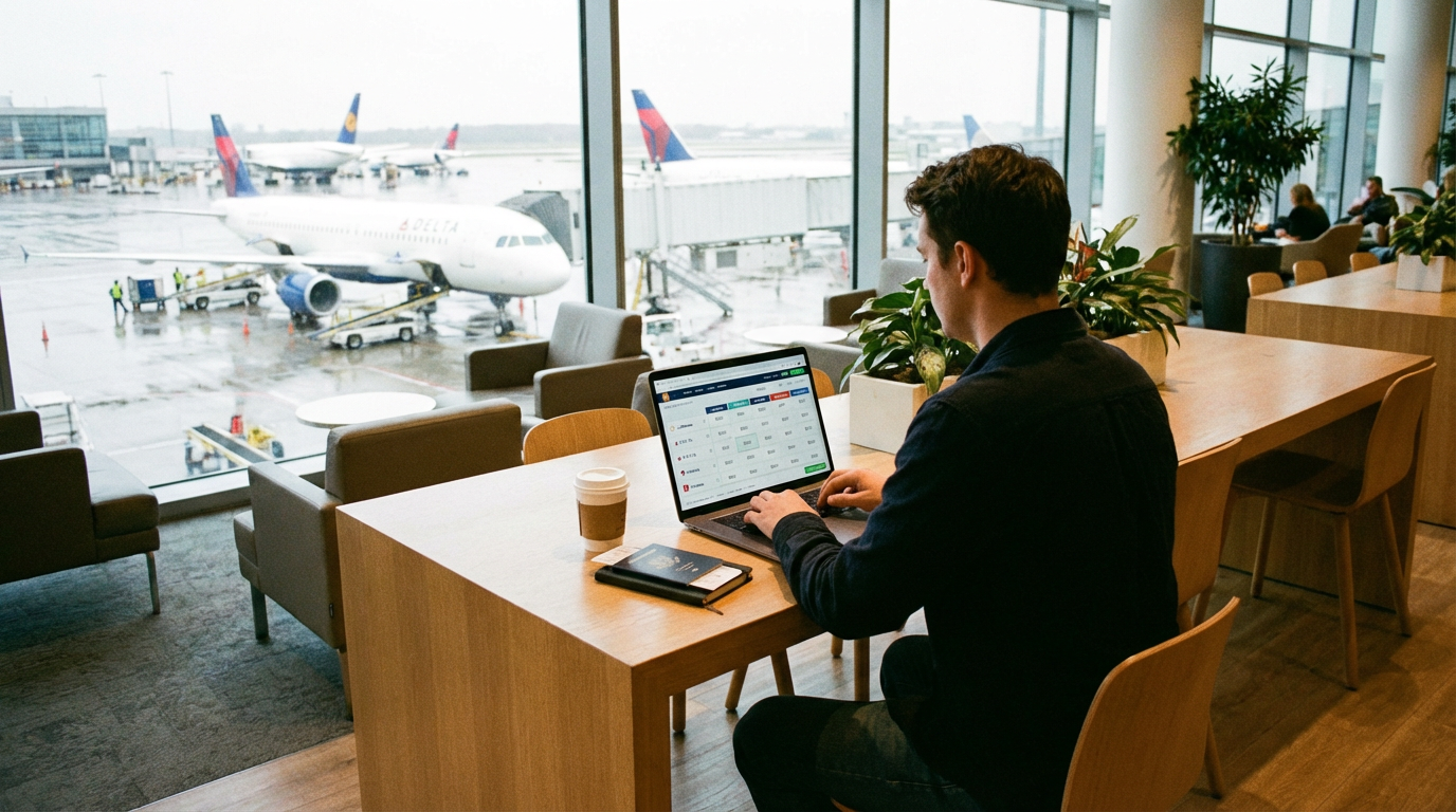 Traveller comparing flight prices on a laptop
