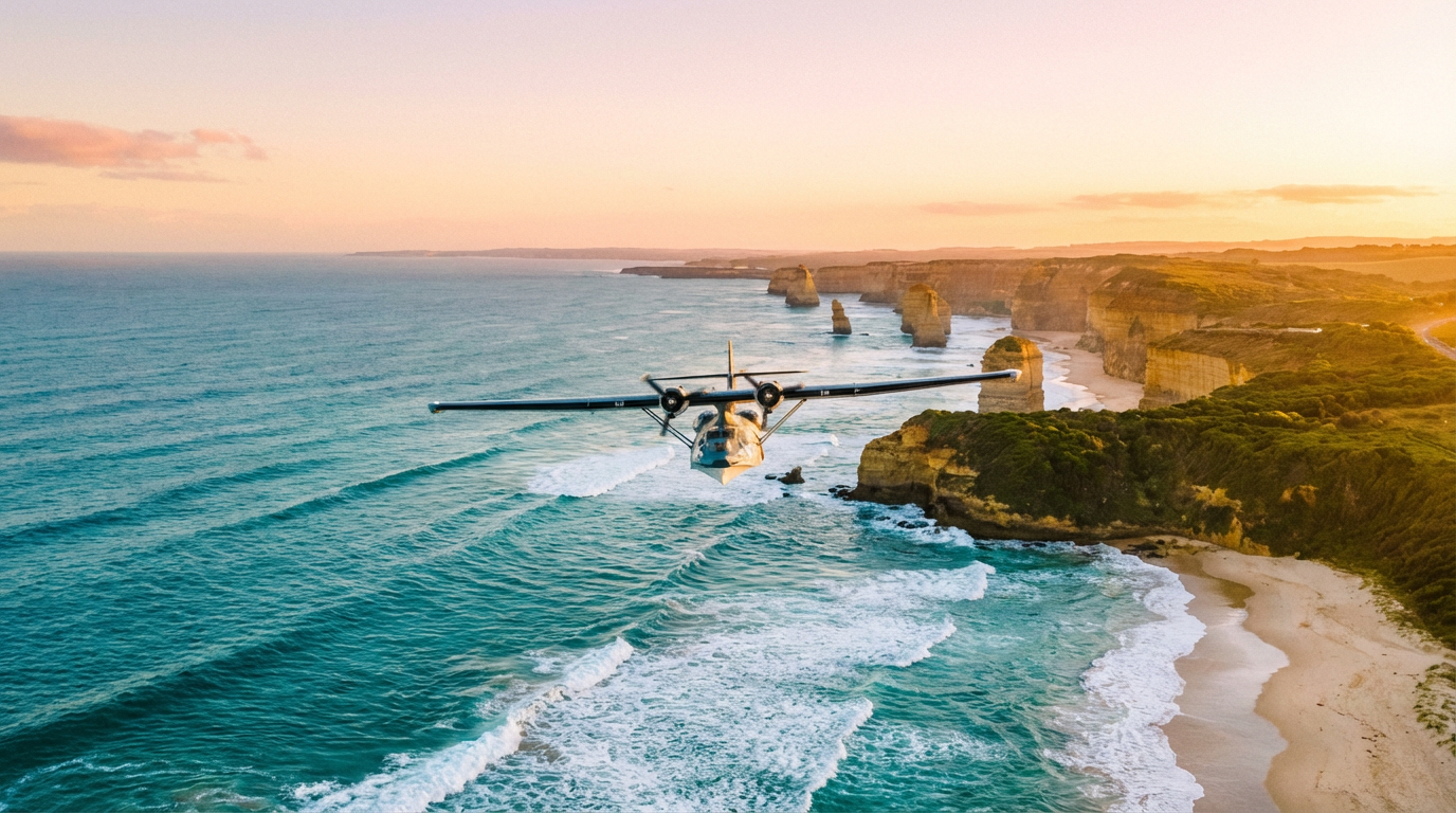 Aeroplane flying over a beautiful Australian coastline at sunset
