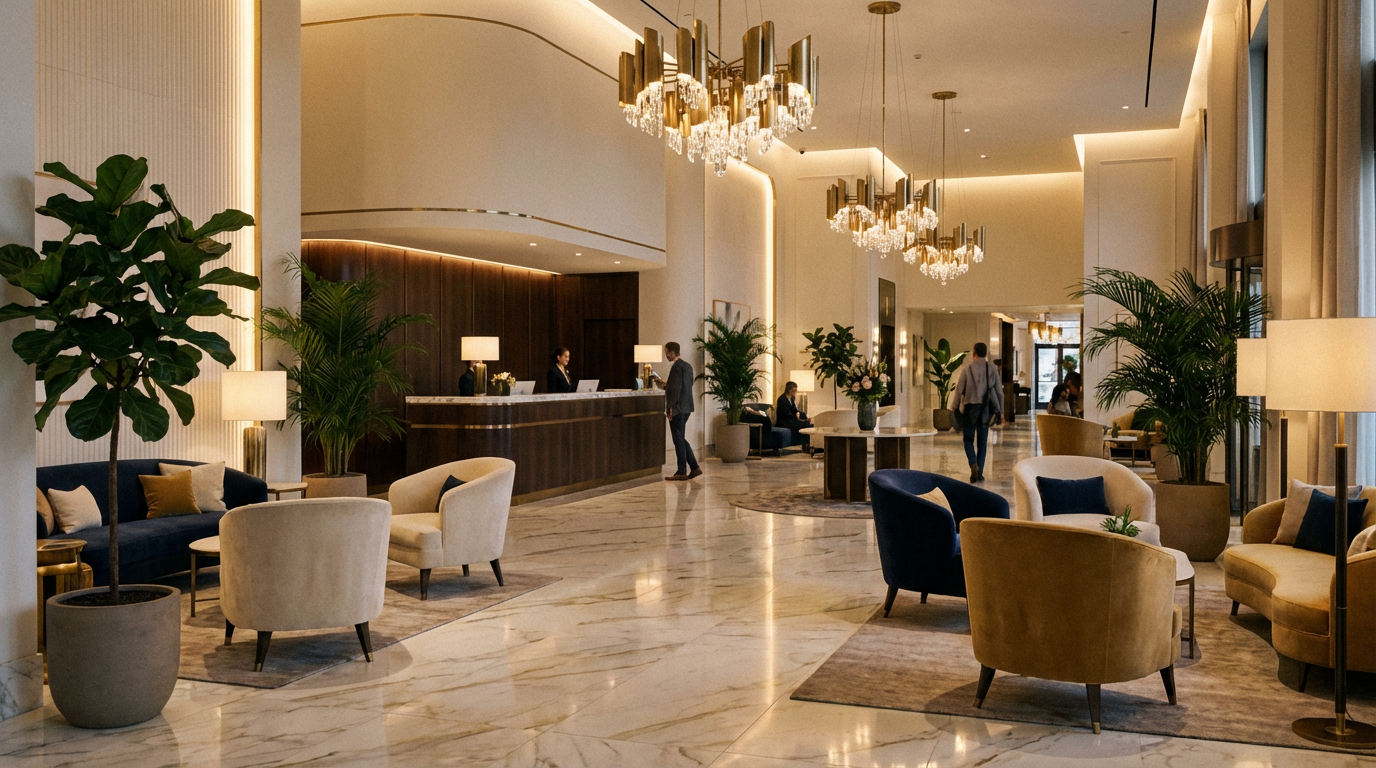 Elegant hotel lobby with modern furnishings