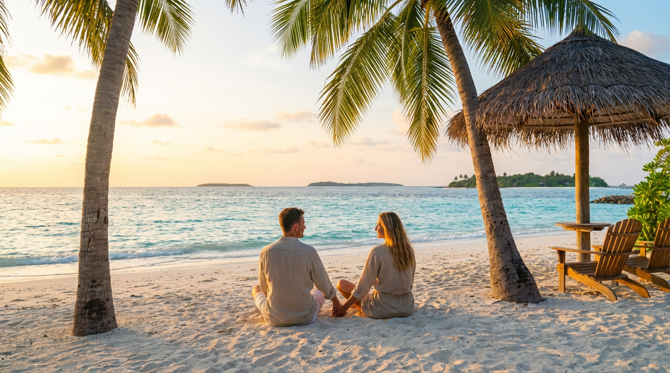 Couple relaxing on a tropical beach with turquoise water